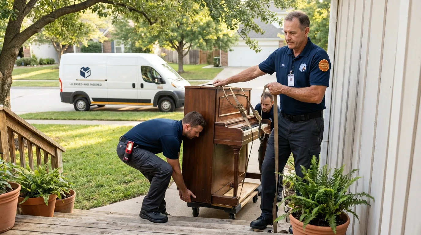 Licensed piano movers securing grand piano in Shaw, MS