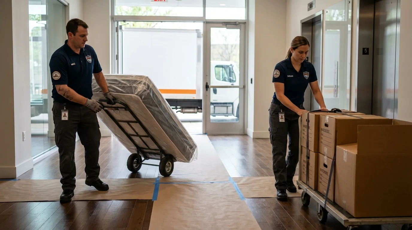 Professional apartment movers loading elevator in Shaw, MS