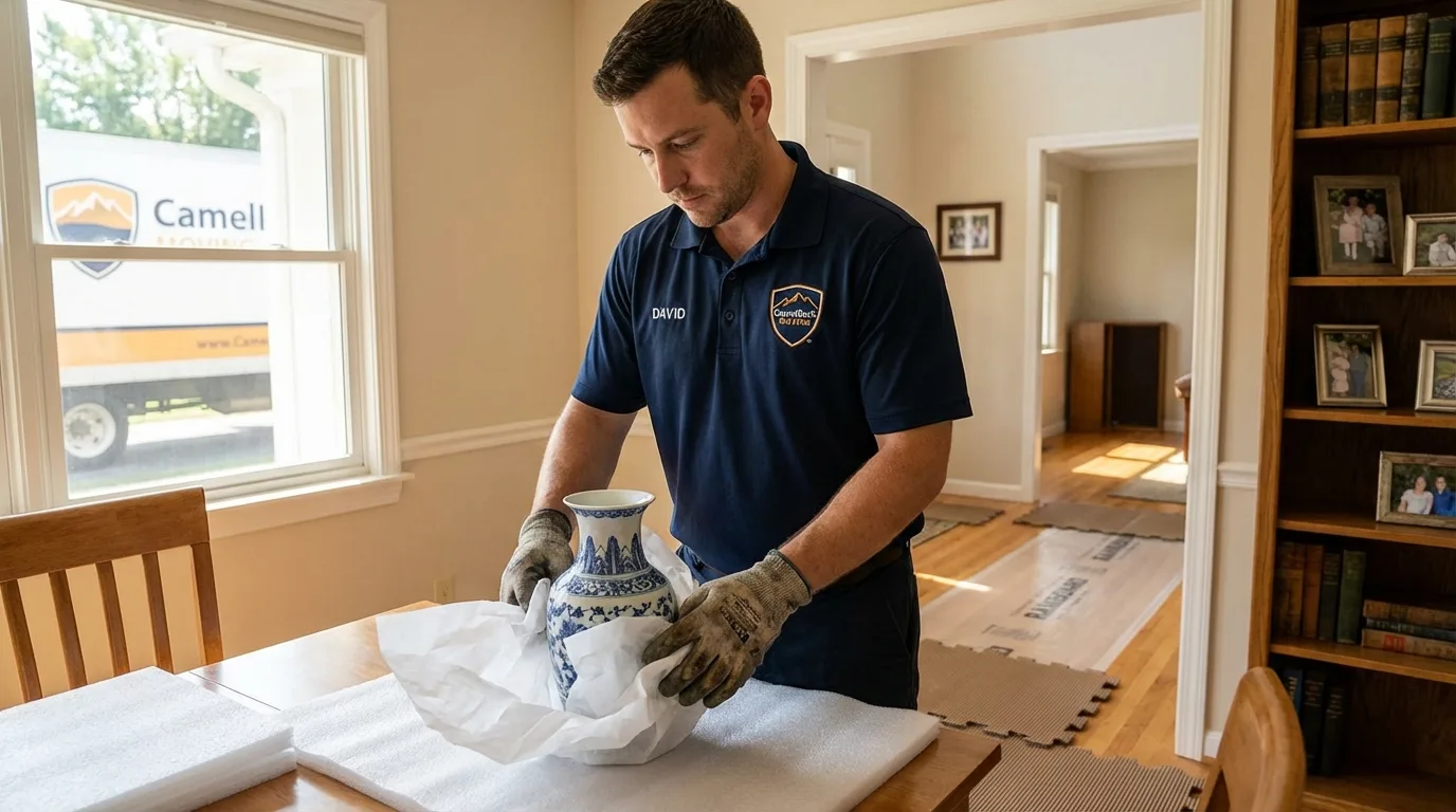 Professional crew carefully wrapping antique vase for senior downsizing move in Shaw, MS